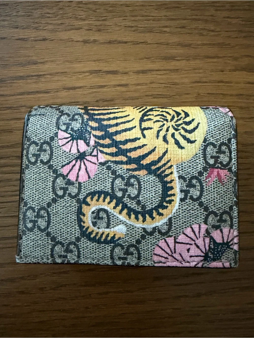 Gucci GG Supreme Canvas Brown Leather Bengal Tiger Compact Wallet